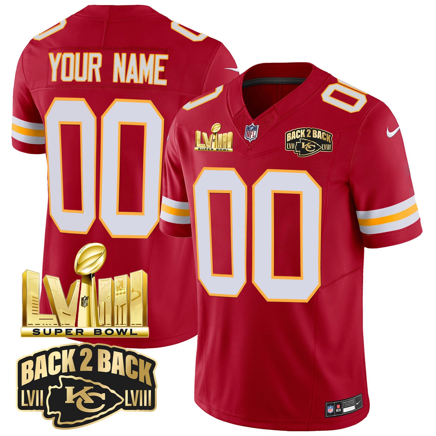 Chiefs Super Bowl LVIII & Back 2 Back Gold Patch Vapor Custom Jersey - All Stitched