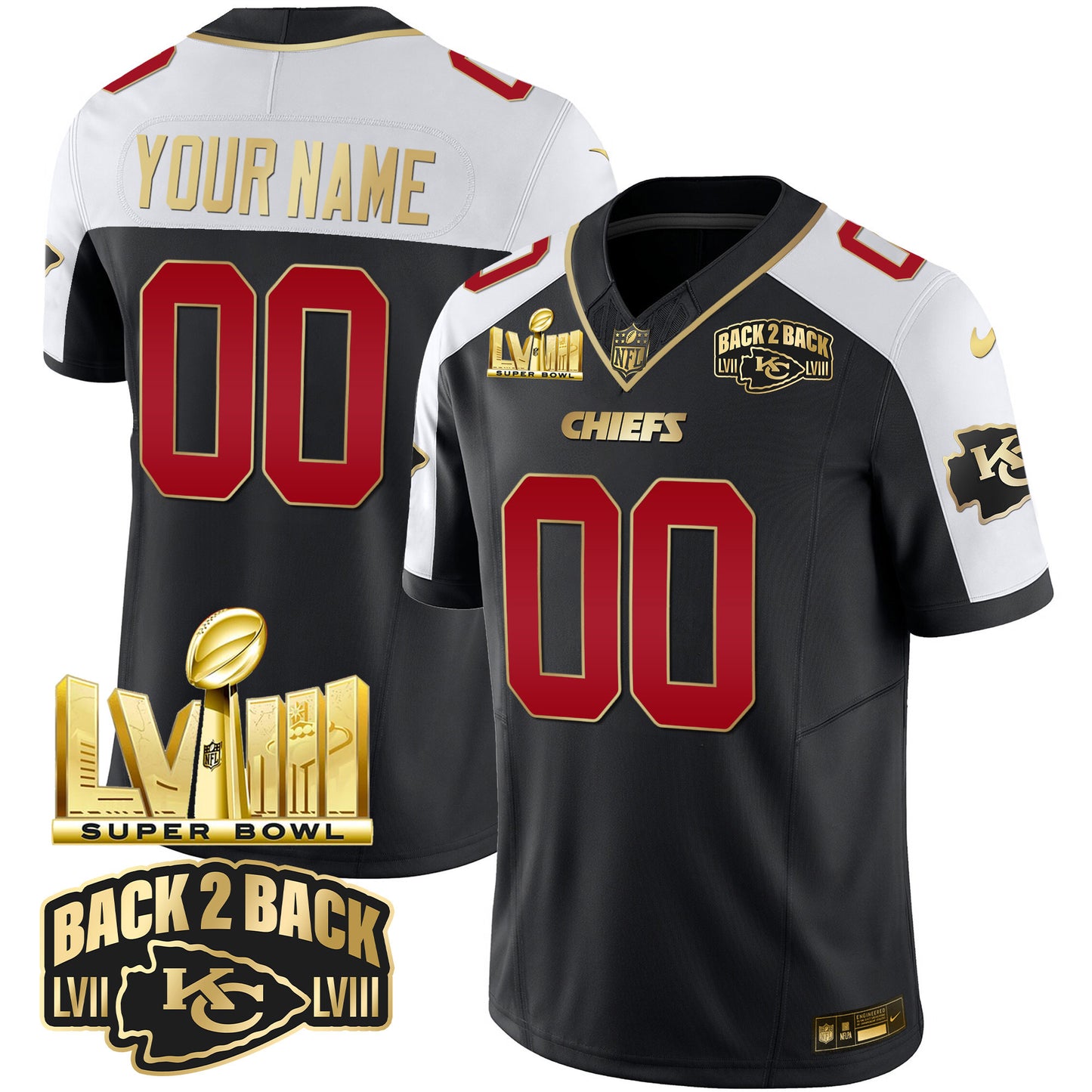 Chiefs Super Bowl LVIII & Back 2 Back Gold Patch Vapor Custom Jersey - All Stitched