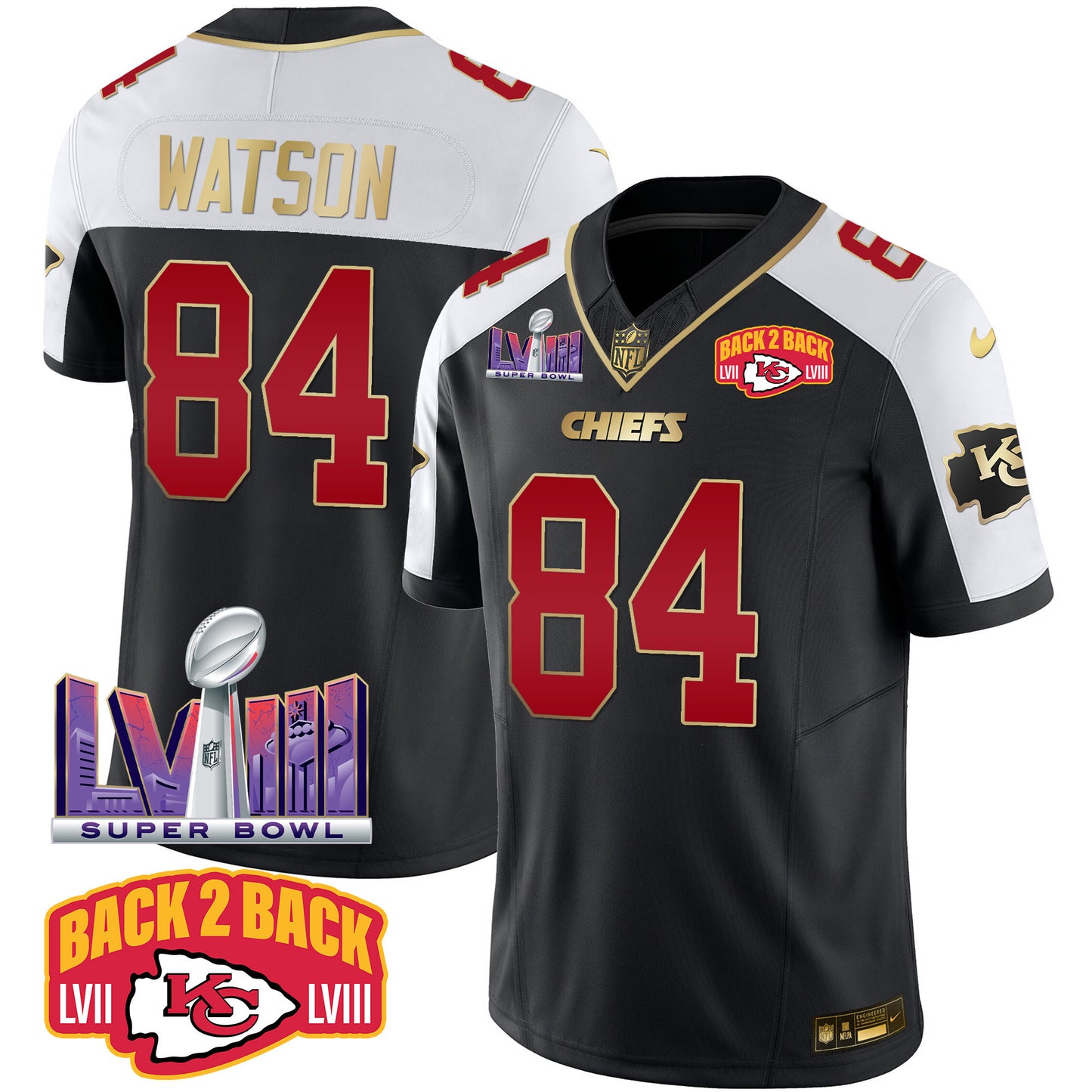 Chiefs Super Bowl LVIII & Back 2 Back Patch Vapor Jersey - All Stitched