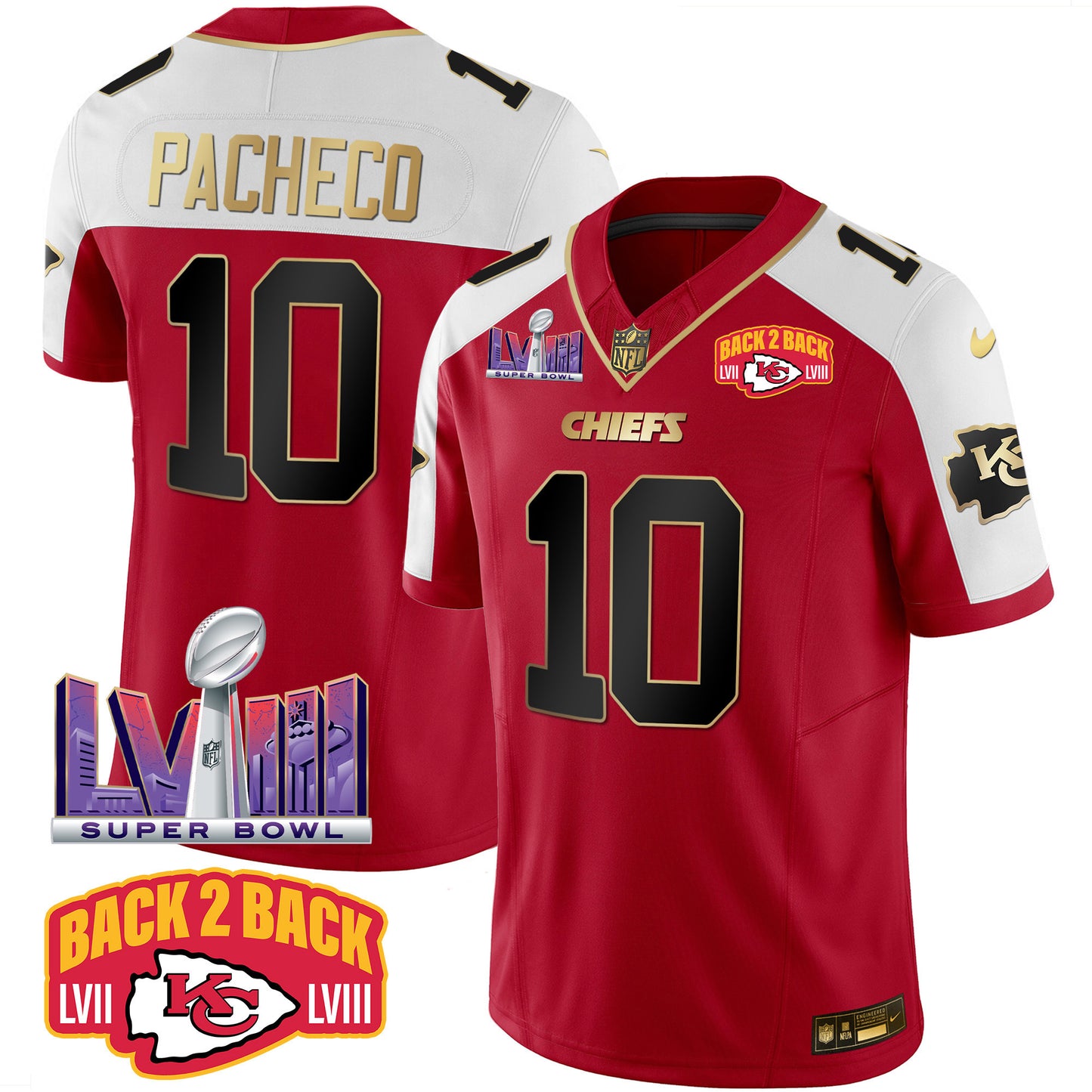 Chiefs Super Bowl LVIII & Back 2 Back Patch Vapor Jersey - All Stitched