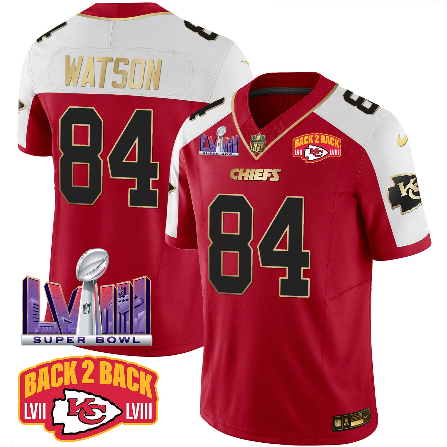 Chiefs Super Bowl LVIII & Back 2 Back Patch Vapor Jersey - All Stitched