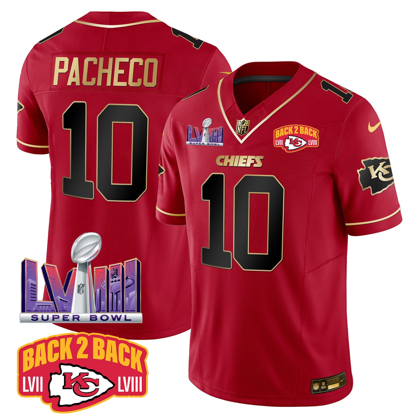 Chiefs Super Bowl LVIII & Back 2 Back Patch Vapor Jersey - All Stitched