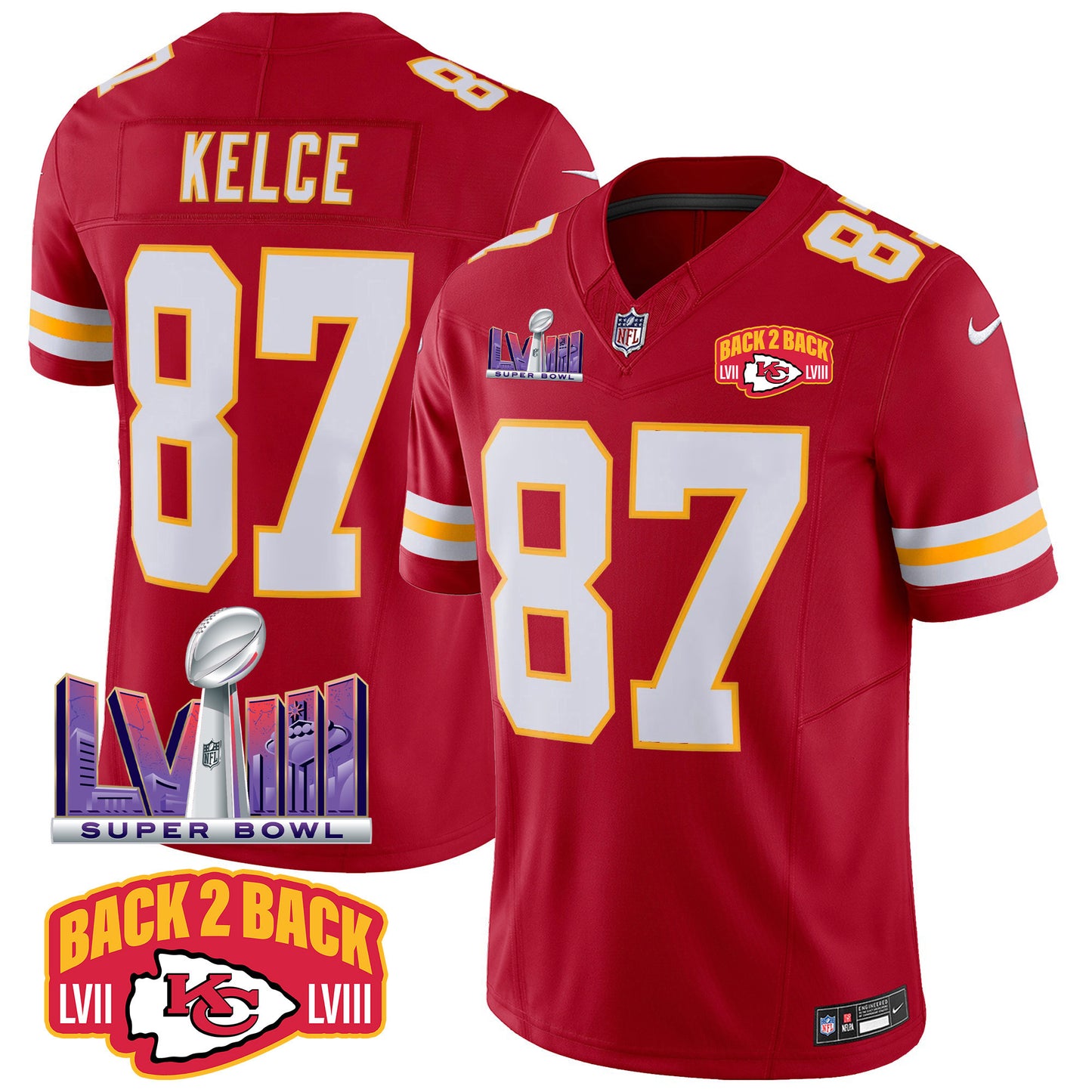 Chiefs Super Bowl LVIII & Back 2 Back Patch Vapor Jersey - All Stitched