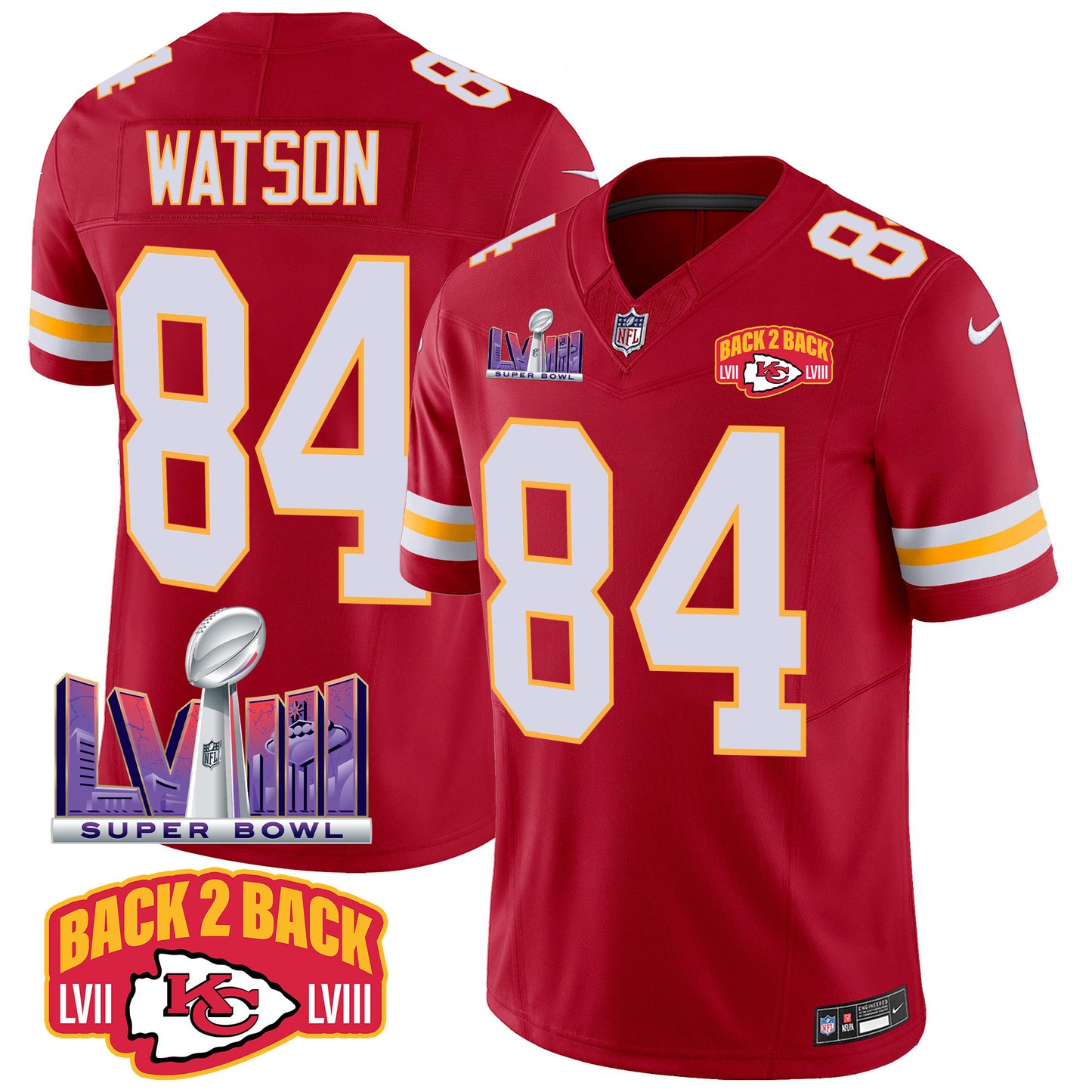 Chiefs Super Bowl LVIII & Back 2 Back Patch Vapor Jersey - All Stitched