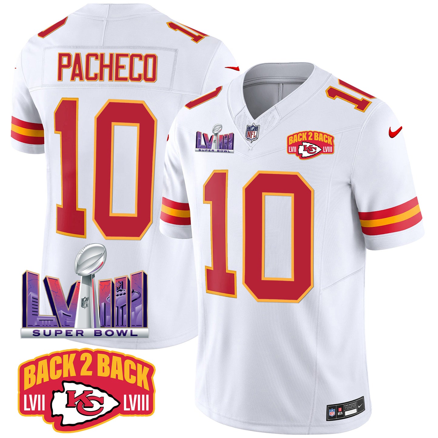 Chiefs Super Bowl LVIII & Back 2 Back Patch Vapor Jersey - All Stitched