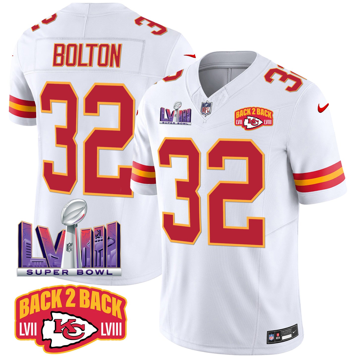 Chiefs Super Bowl LVIII & Back 2 Back Patch Vapor Jersey - All Stitched