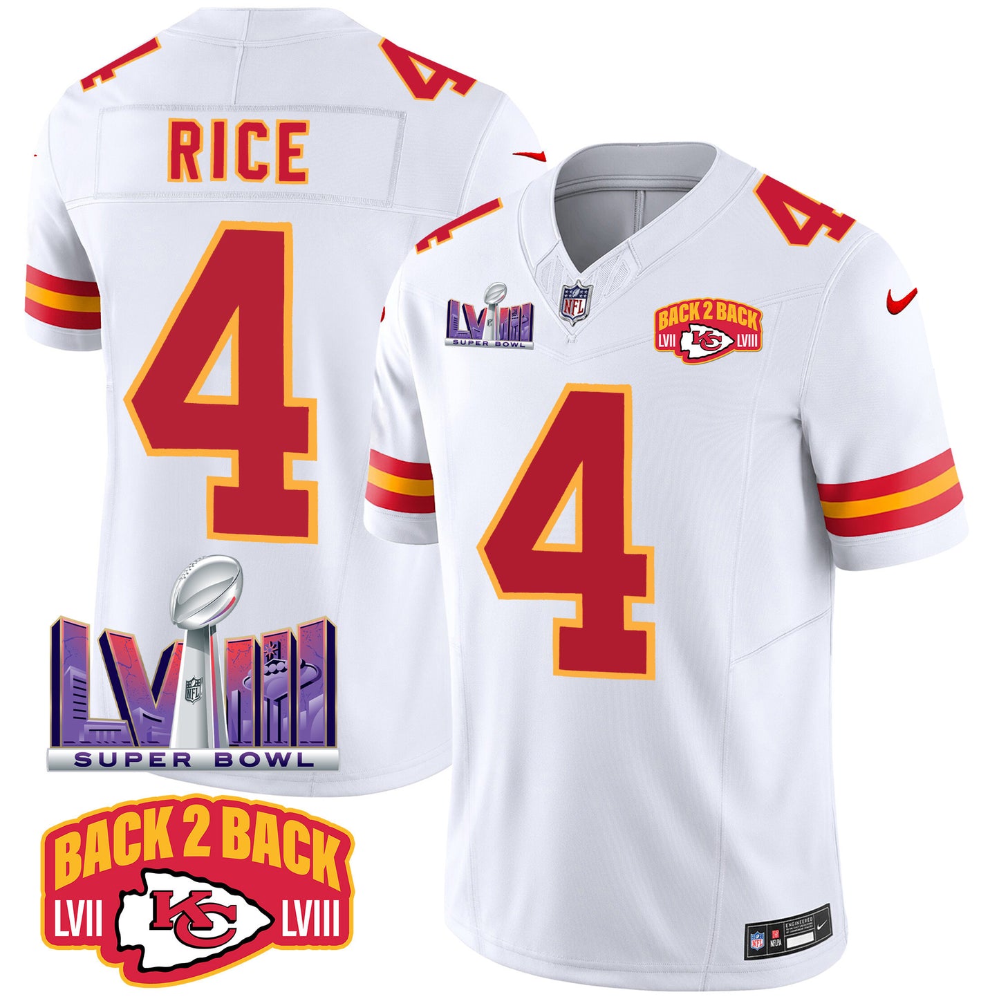 Chiefs Super Bowl LVIII & Back 2 Back Patch Vapor Jersey - All Stitched