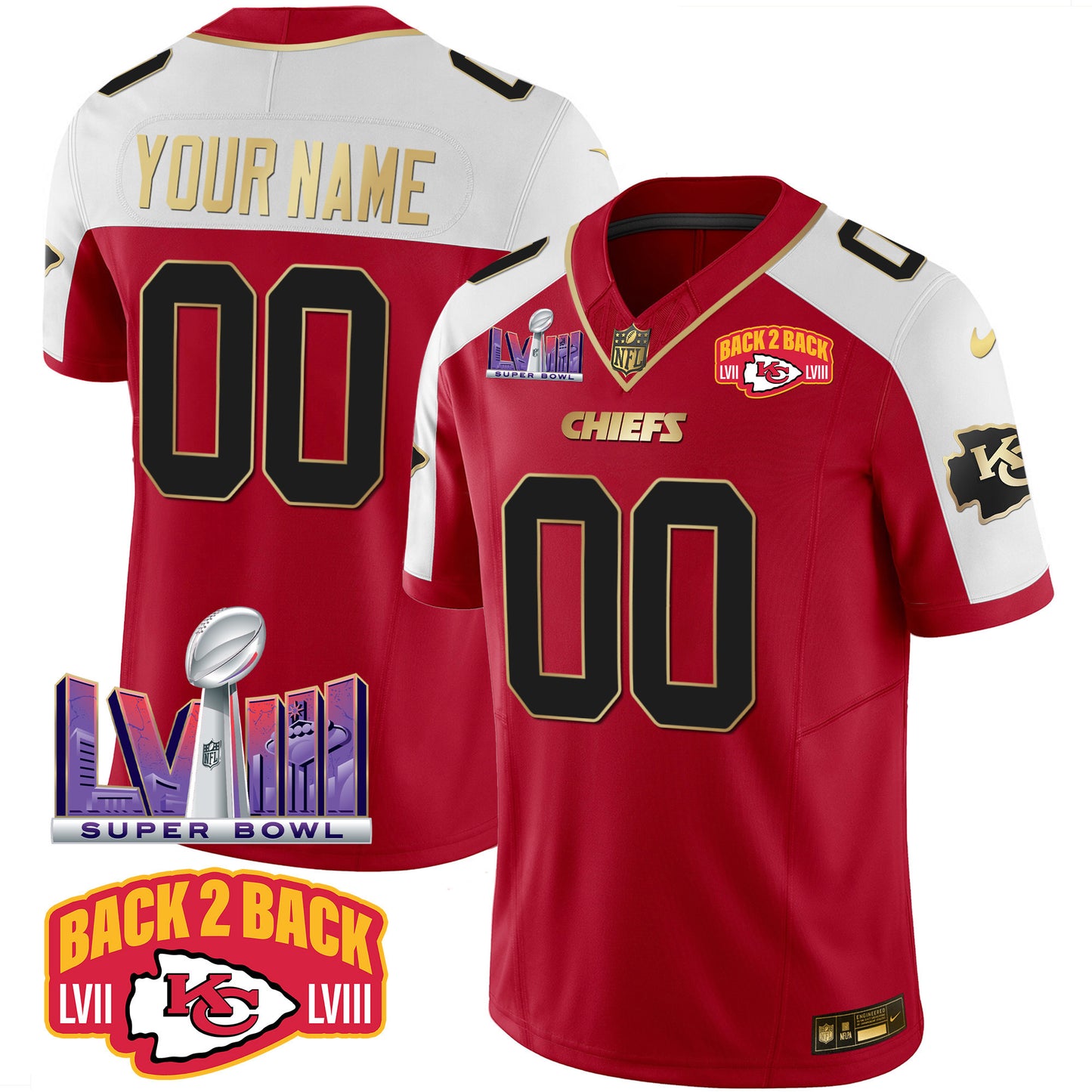 Chiefs Super Bowl LVIII & Back 2 Back Patch Vapor Custom Jersey - All Stitched