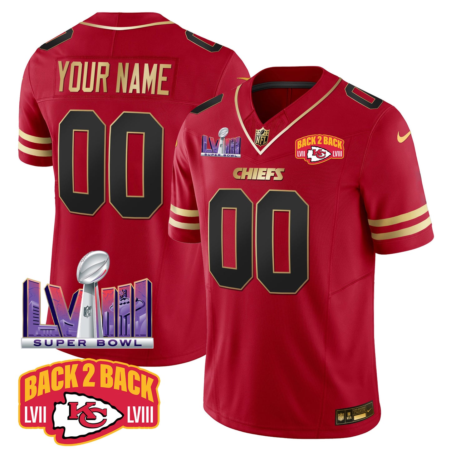 Chiefs Super Bowl LVIII & Back 2 Back Patch Vapor Custom Jersey - All Stitched