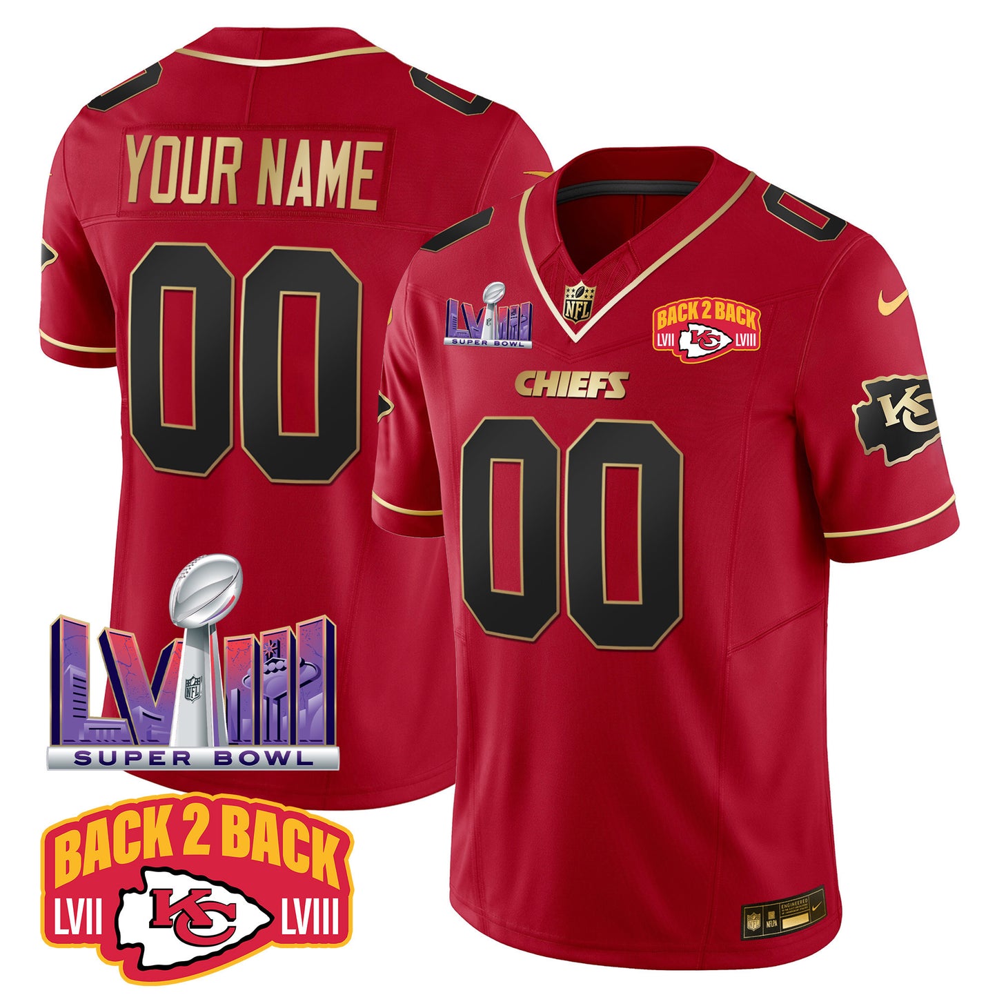 Chiefs Super Bowl LVIII & Back 2 Back Patch Vapor Custom Jersey - All Stitched