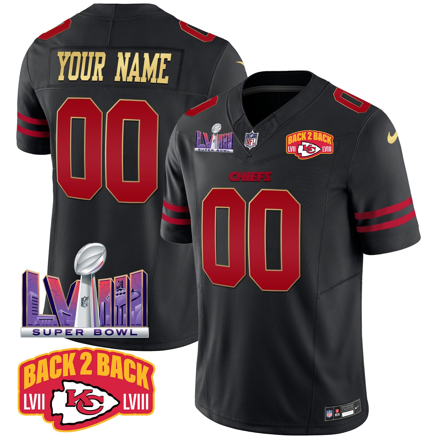 Chiefs Super Bowl LVIII & Back 2 Back Patch Vapor Custom Jersey - All Stitched