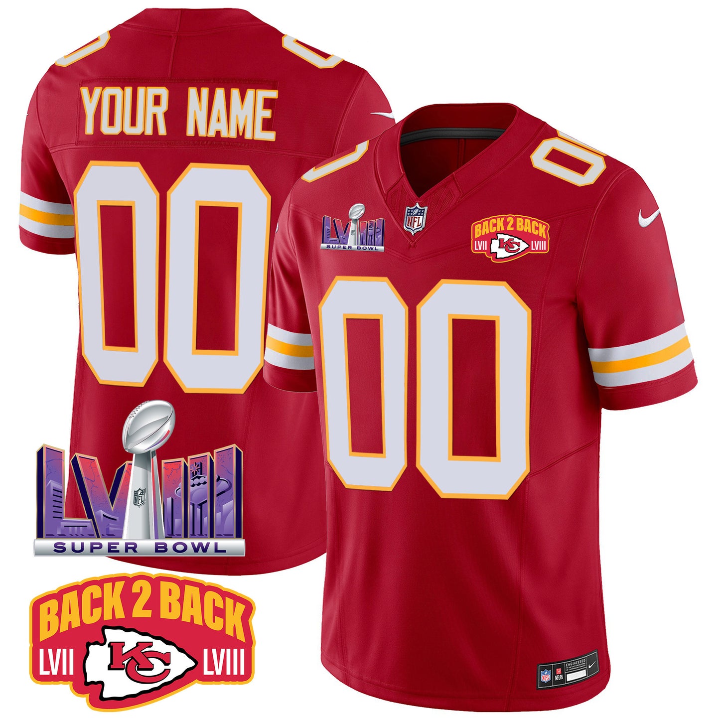 Chiefs Super Bowl LVIII & Back 2 Back Patch Vapor Custom Jersey - All Stitched