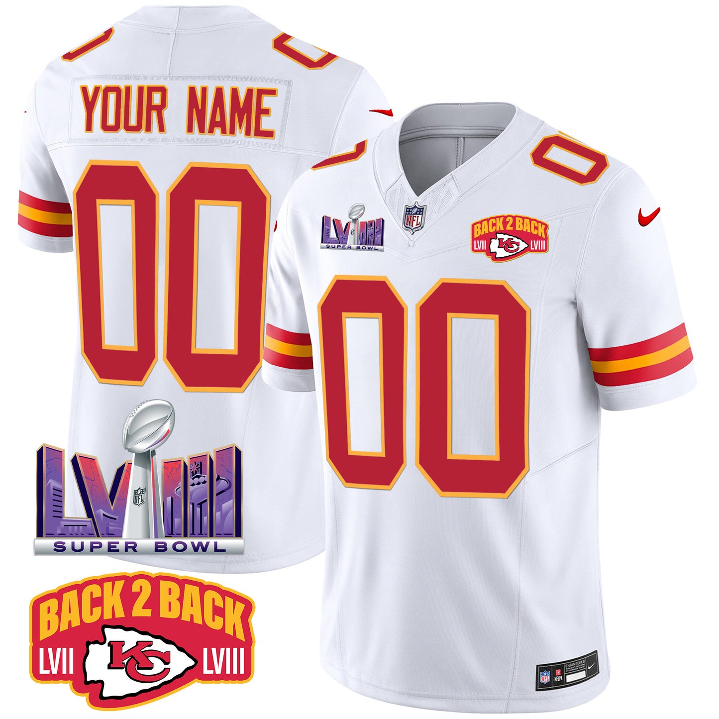 Chiefs Super Bowl LVIII & Back 2 Back Patch Vapor Custom Jersey - All Stitched