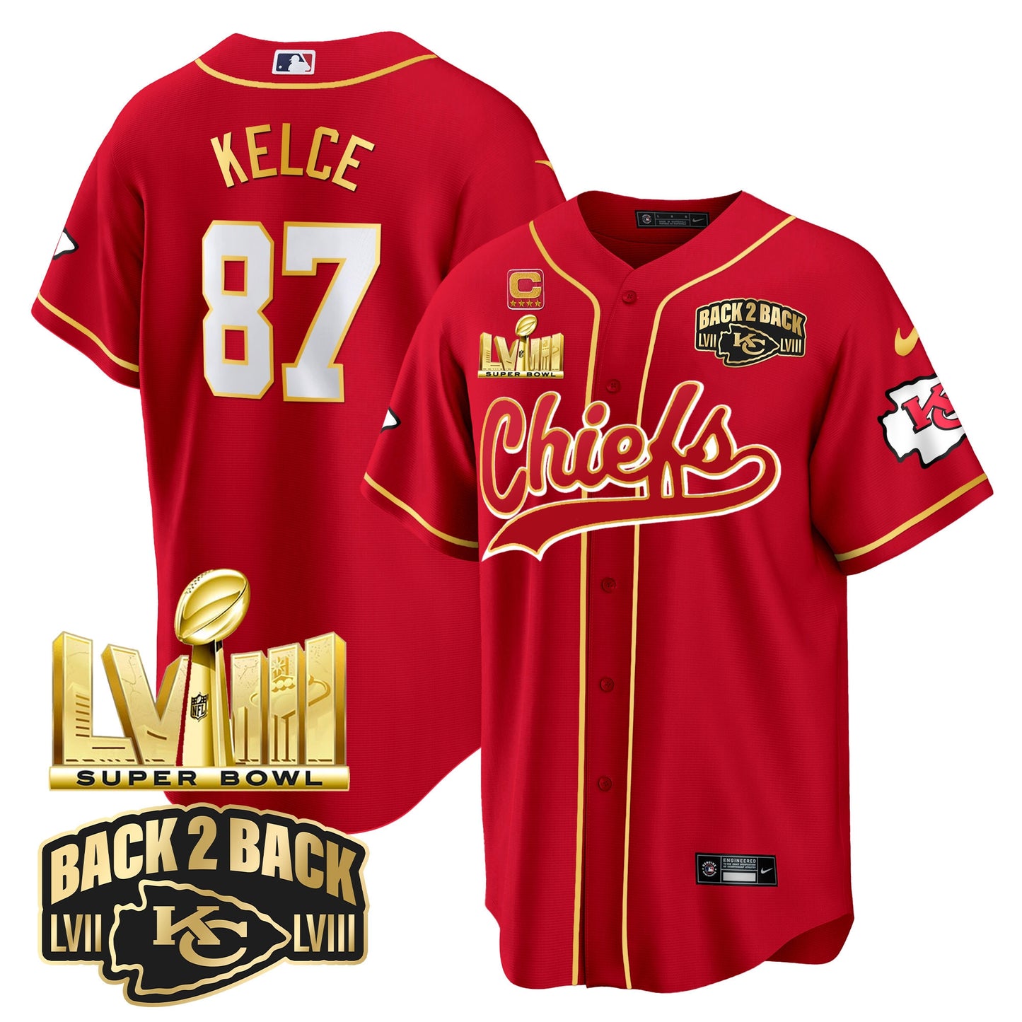 Chiefs Super Bowl LVIII & Back 2 Back Gold Patch Baseball Jersey - All Stitched