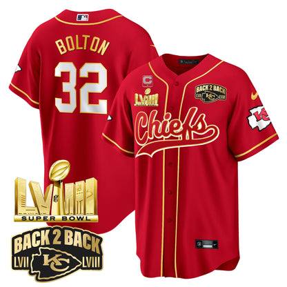 Chiefs Super Bowl LVIII & Back 2 Back Gold Patch Baseball Jersey - All Stitched