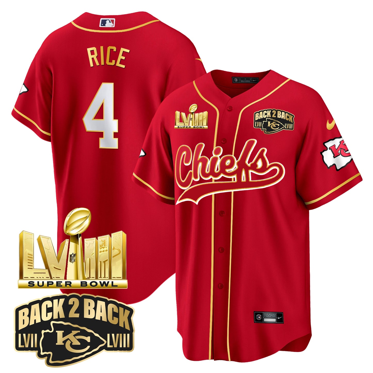 Chiefs Super Bowl LVIII & Back 2 Back Gold Patch Baseball Jersey - All Stitched