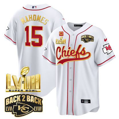 Chiefs Super Bowl LVIII & Back 2 Back Gold Patch Baseball Jersey - All Stitched