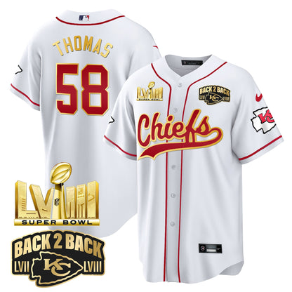 Chiefs Super Bowl LVIII & Back 2 Back Gold Patch Baseball Jersey - All Stitched