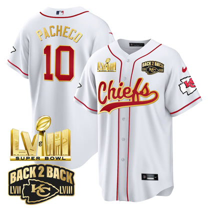 Chiefs Super Bowl LVIII & Back 2 Back Gold Patch Baseball Jersey - All Stitched