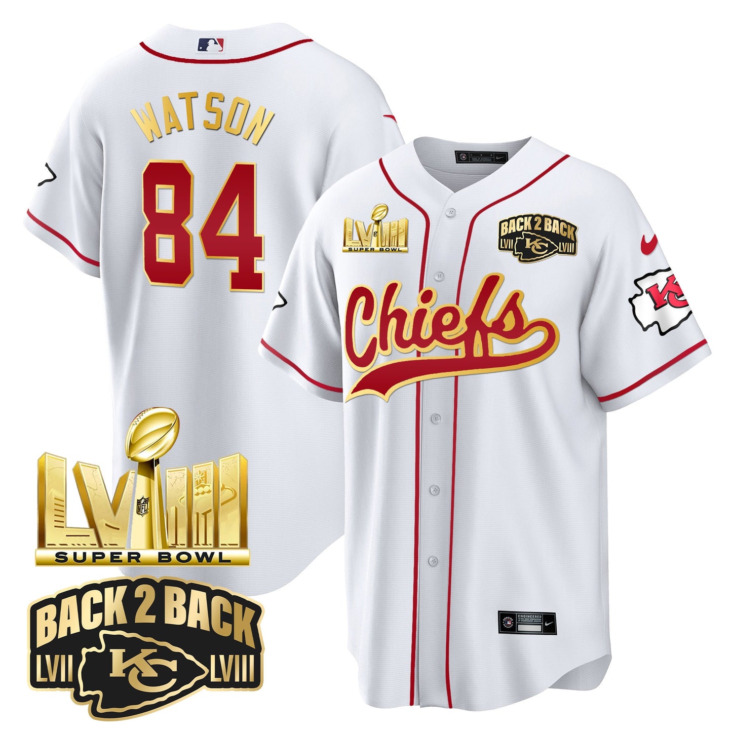 Chiefs Super Bowl LVIII & Back 2 Back Gold Patch Baseball Jersey - All Stitched