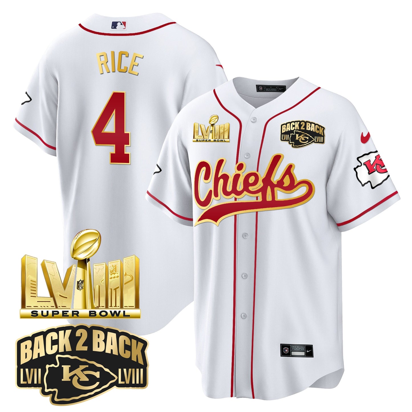 Chiefs Super Bowl LVIII & Back 2 Back Gold Patch Baseball Jersey - All Stitched