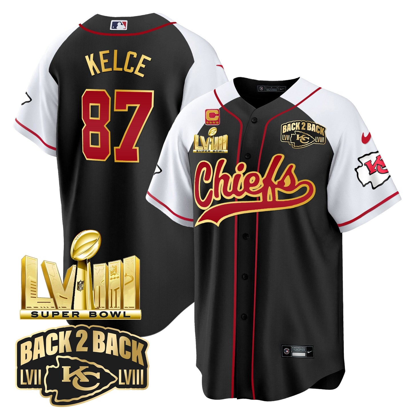 Chiefs Super Bowl LVIII & Back 2 Back Gold Patch Baseball Jersey - All Stitched