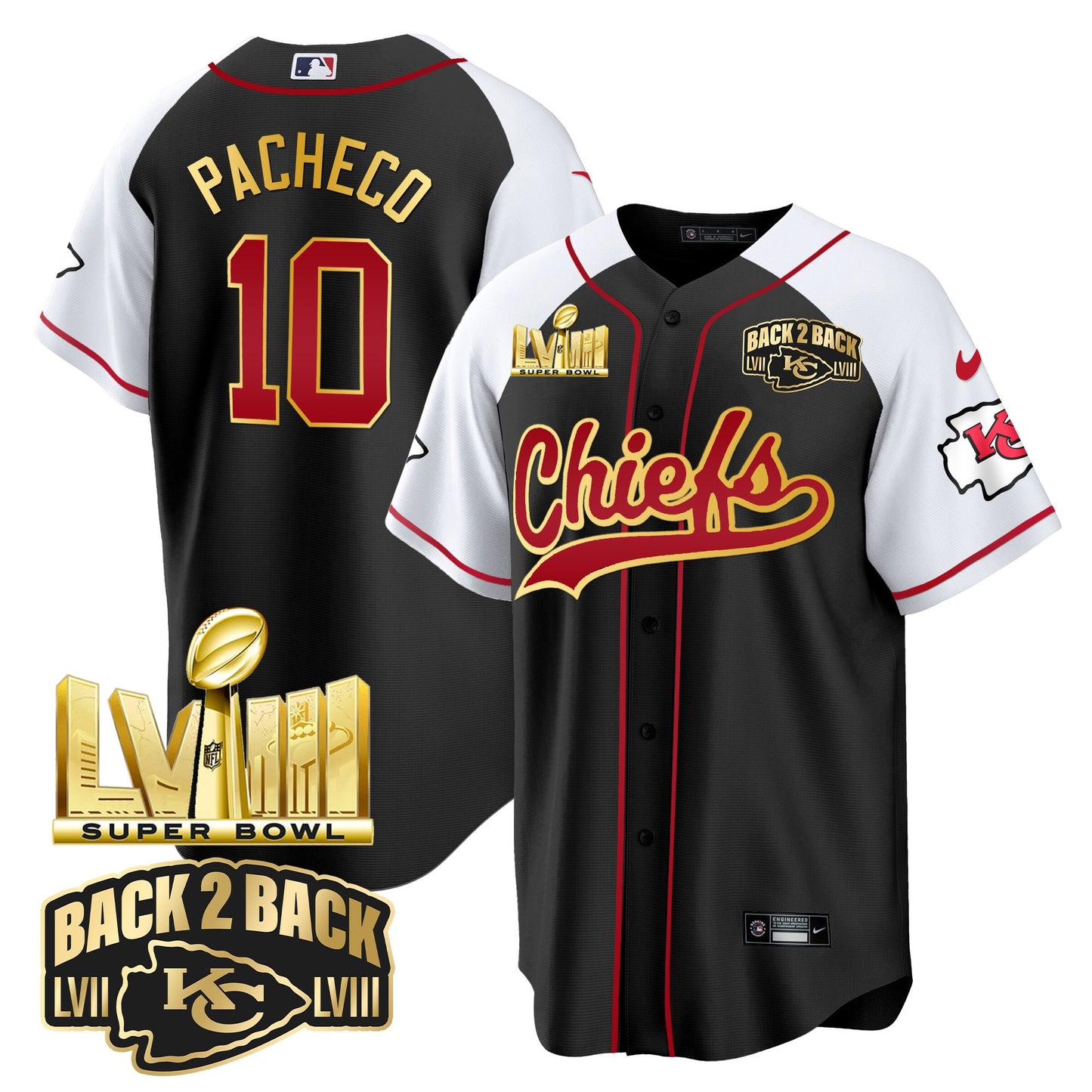 Chiefs Super Bowl LVIII & Back 2 Back Gold Patch Baseball Jersey - All Stitched