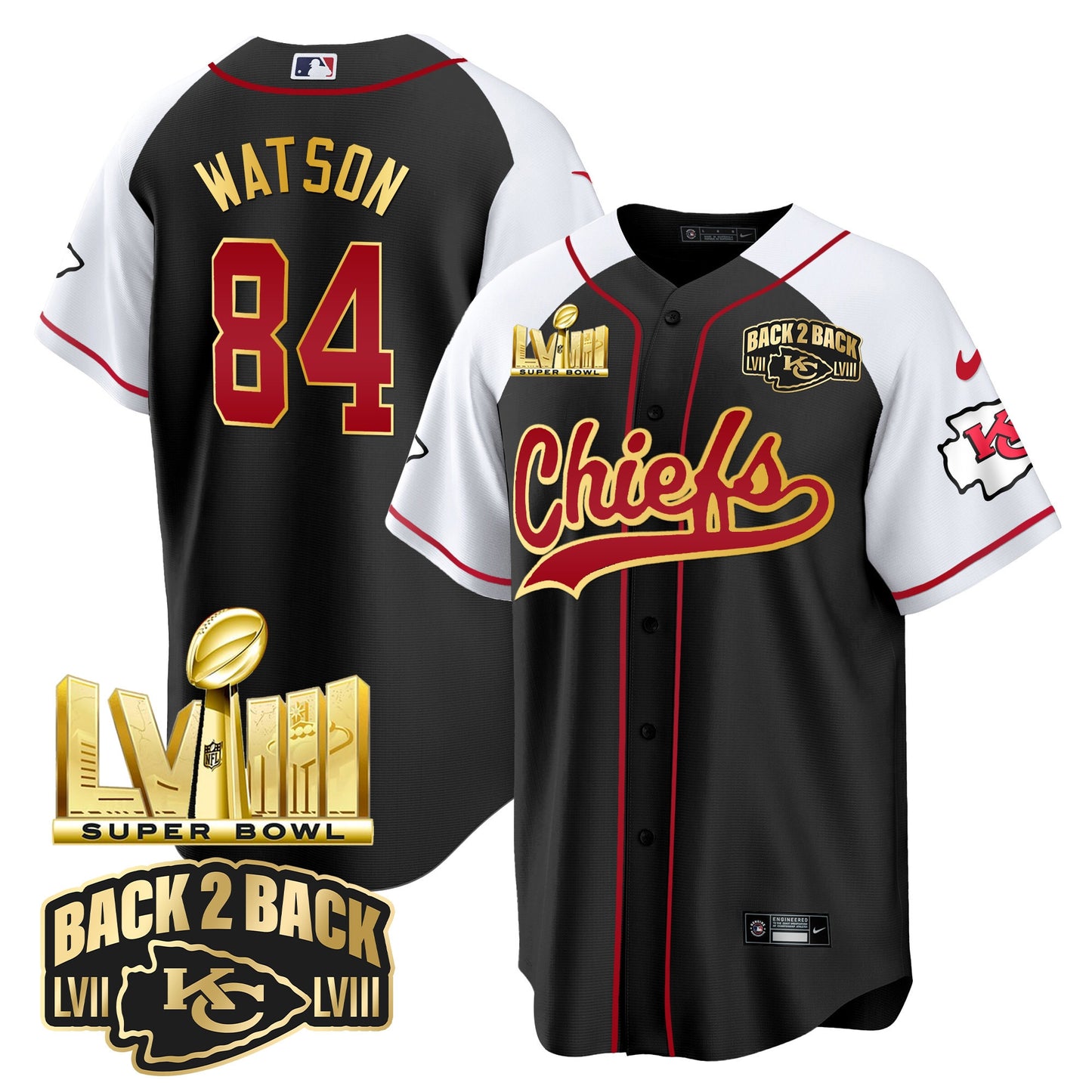 Chiefs Super Bowl LVIII & Back 2 Back Gold Patch Baseball Jersey - All Stitched