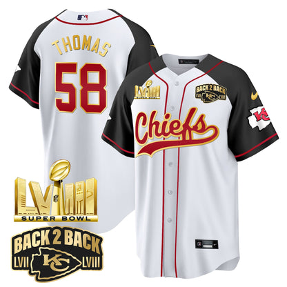 Chiefs Super Bowl LVIII & Back 2 Back Gold Patch Baseball Jersey - All Stitched