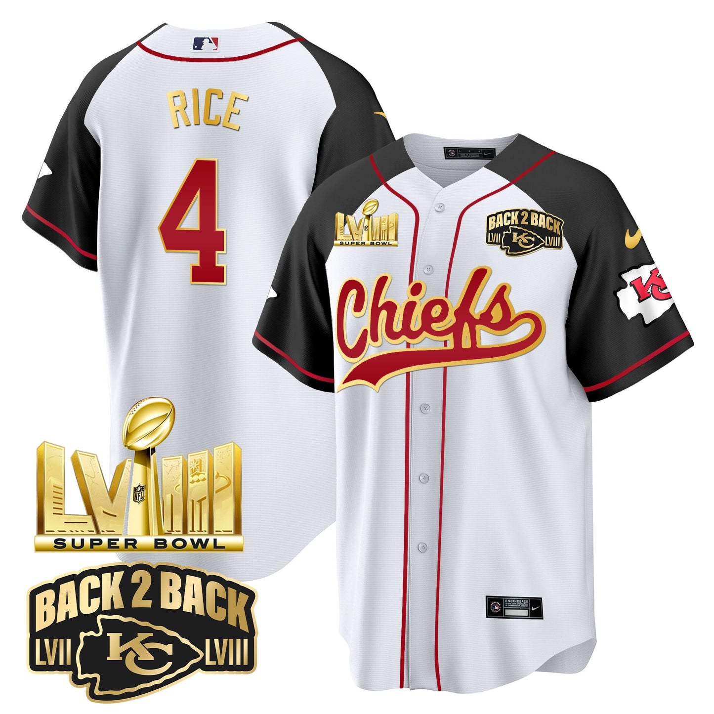 Chiefs Super Bowl LVIII & Back 2 Back Gold Patch Baseball Jersey - All Stitched