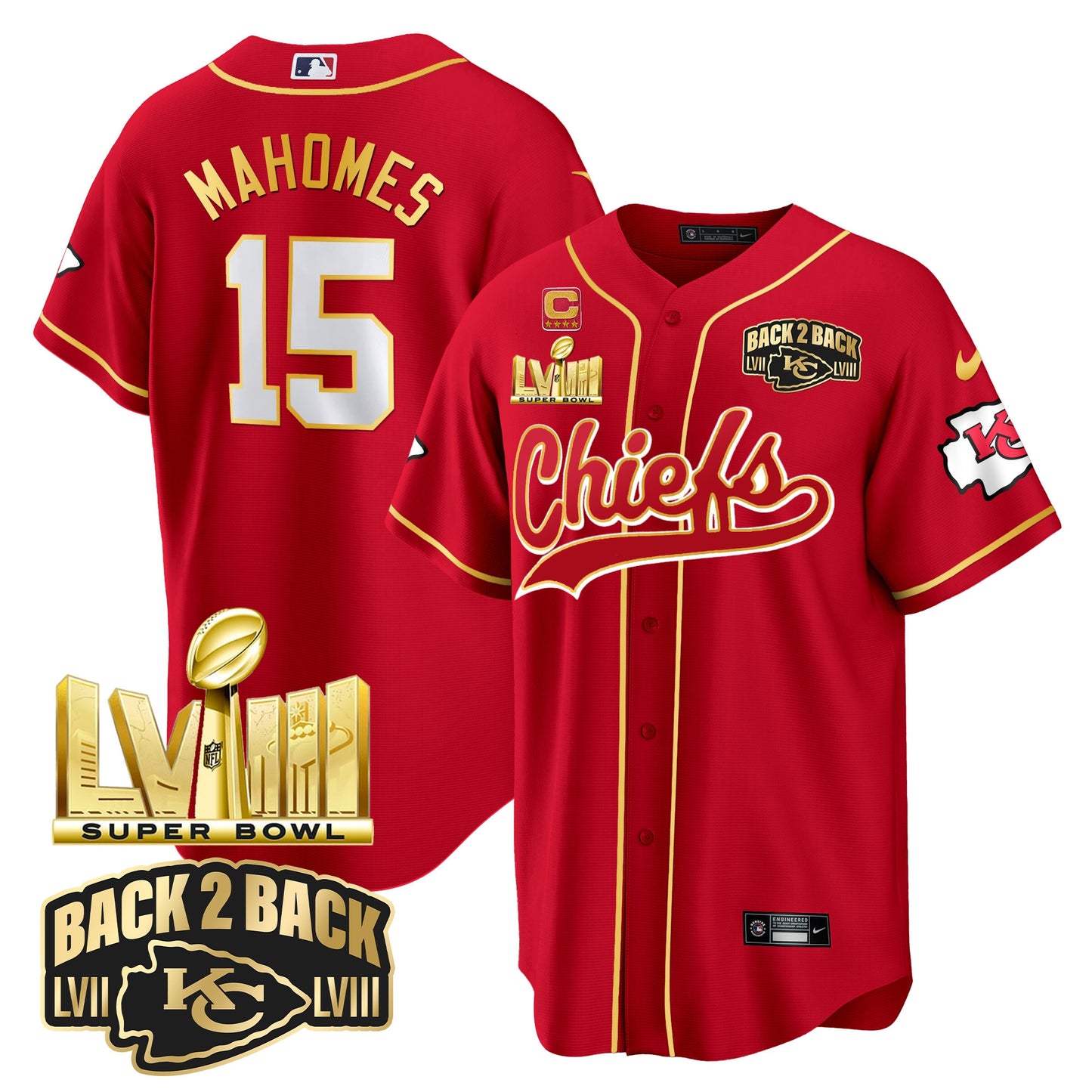 Chiefs Super Bowl LVIII & Back 2 Back Gold Patch Baseball Jersey - All Stitched