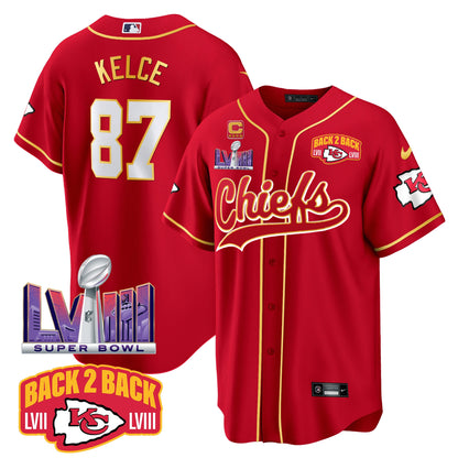 Chiefs Super Bowl LVIII & Back 2 Back Patch Baseball Jersey - All Stitched