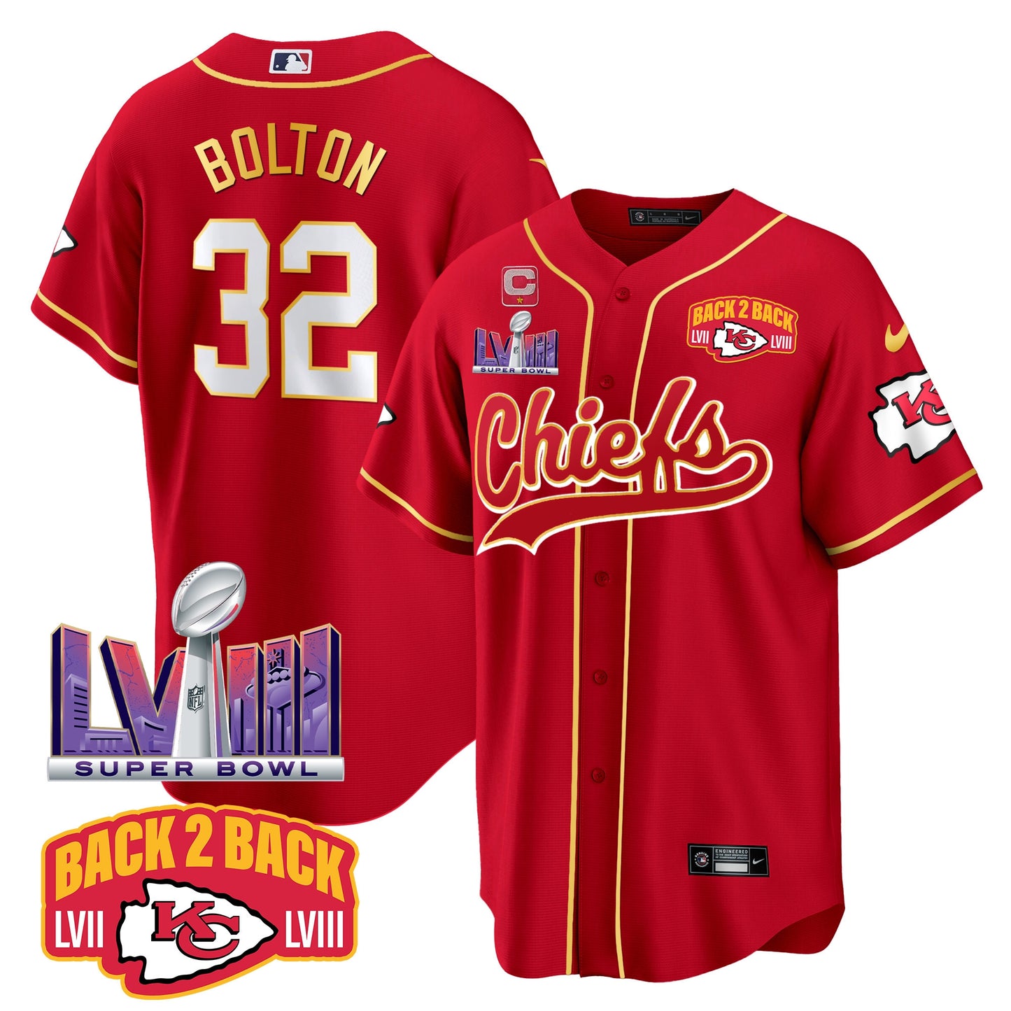 Chiefs Super Bowl LVIII & Back 2 Back Patch Baseball Jersey - All Stitched