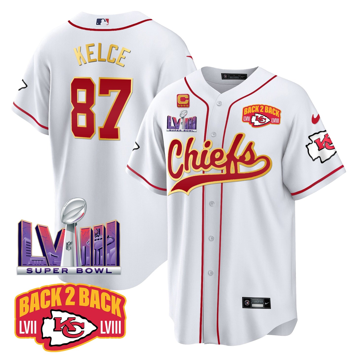 Chiefs Super Bowl LVIII & Back 2 Back Patch Baseball Jersey - All Stitched