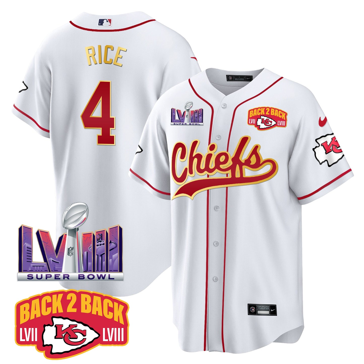 Chiefs Super Bowl LVIII & Back 2 Back Patch Baseball Jersey - All Stitched