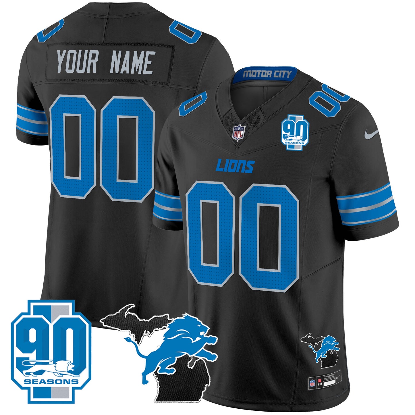 Detroit Lions 2024 Michigan & 90th Year Patch Vapor Custom Jersey - All Stitched