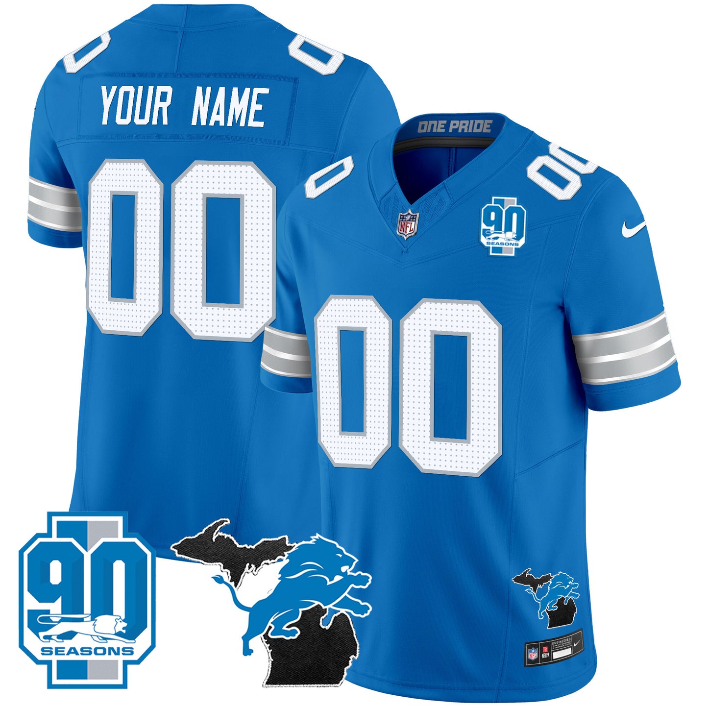 Detroit Lions 2024 Michigan & 90th Year Patch Vapor Custom Jersey - All Stitched