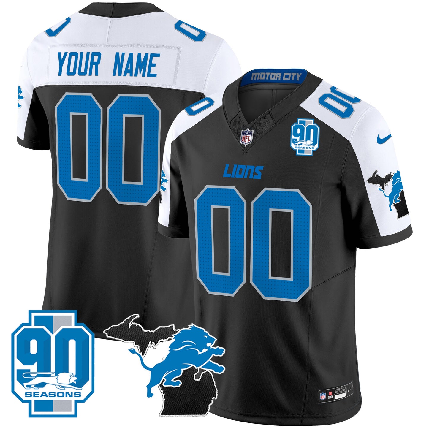 Detroit Lions 2024 Michigan & 90th Year Patch Vapor Custom Jersey - All Stitched