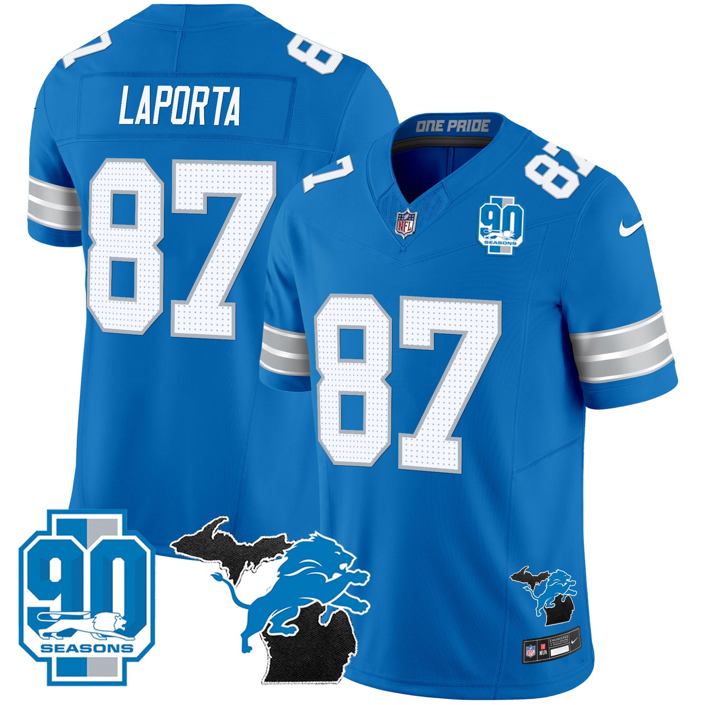 Detroit Lions 2024 Michigan & 90th Year Patch Vapor Jersey - All Stitched