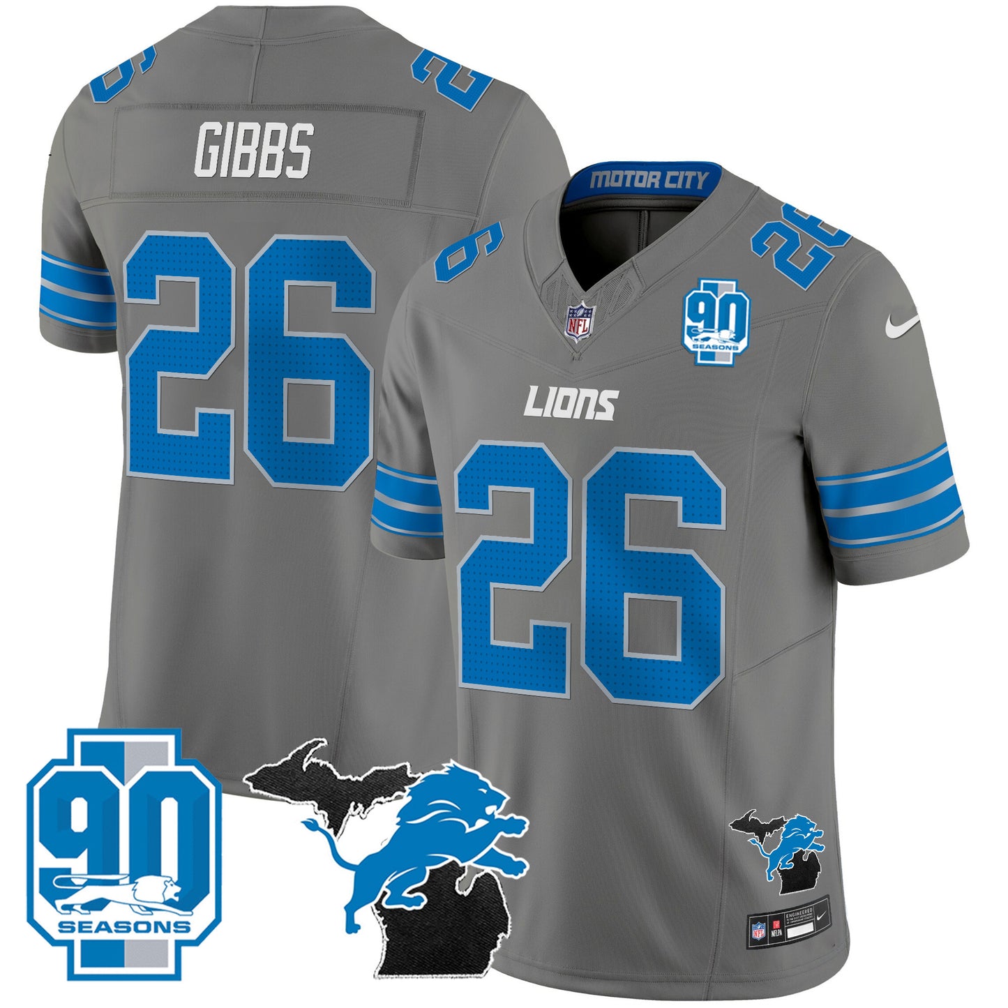 Detroit Lions 2024 Michigan & 90th Year Patch Vapor Jersey - All Stitched