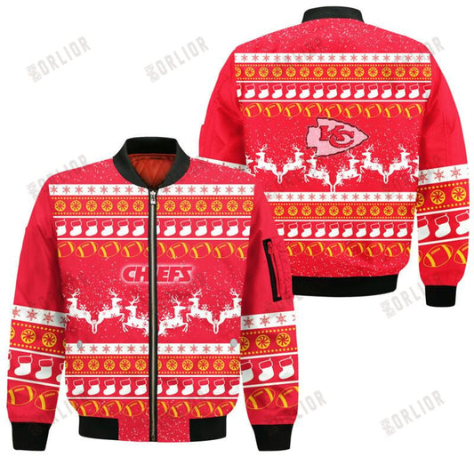Kansas City Chiefs Logo & Xmas Iconic Pattern Bomber Jacket- Red