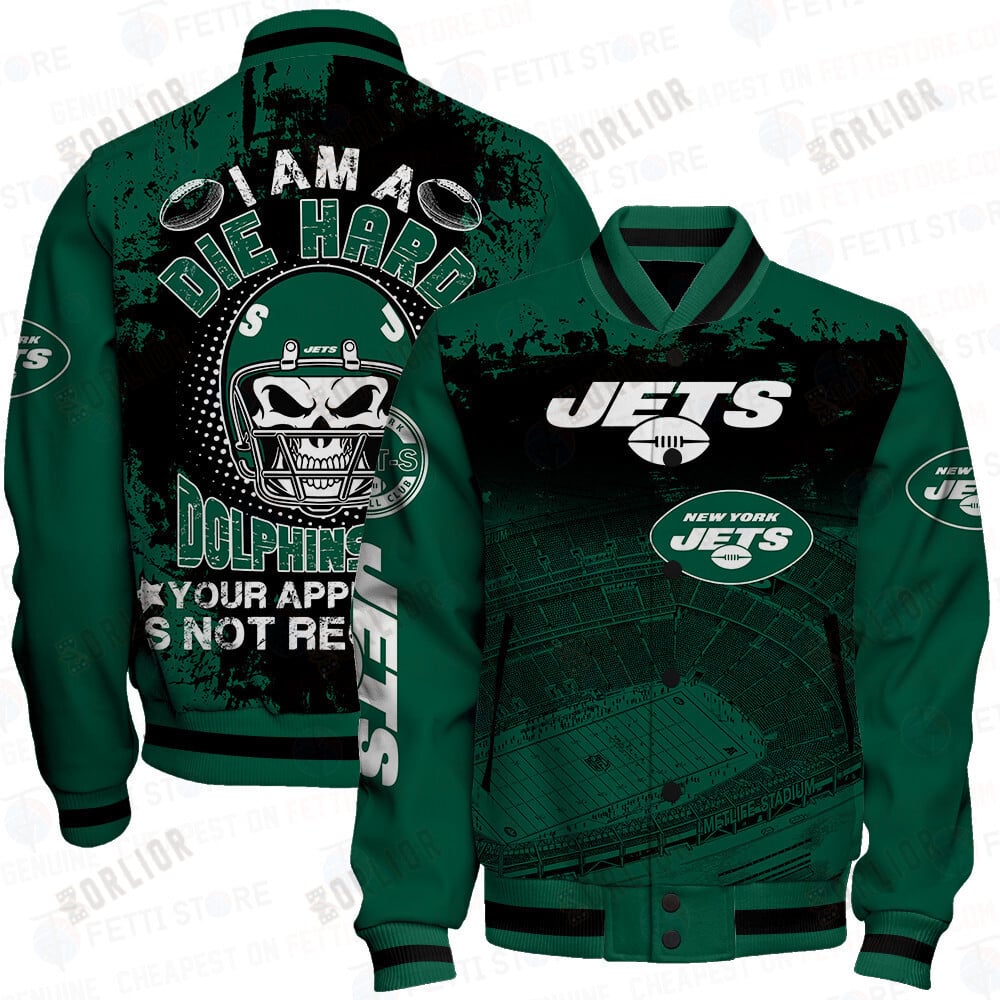 New York Jets Skull Helmet Halloween Pattern Varsity Jacket