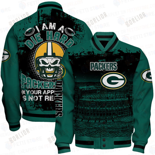 Green Bay Packers Skull Helmet Halloween Pattern Varsity Jacket