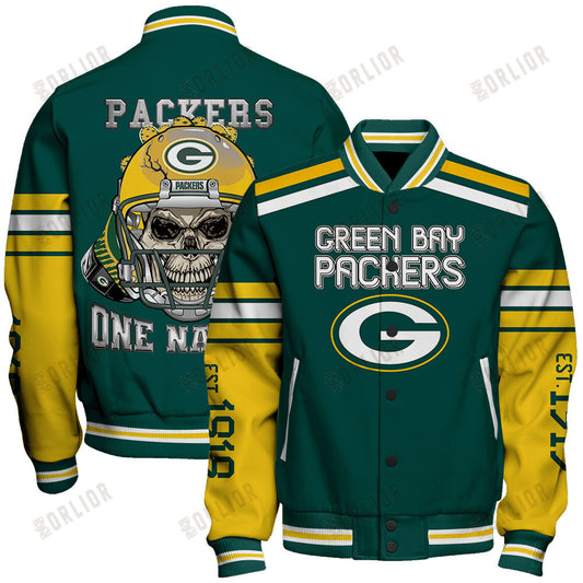 Green Bay Packers Skull And Gloves Pattern Varsity Jacket