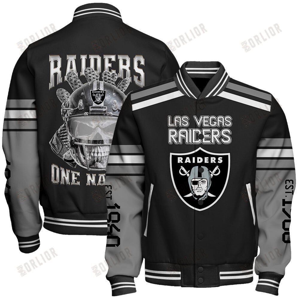 Las Vegas Raiders Skull And Gloves Pattern Varsity Jacket