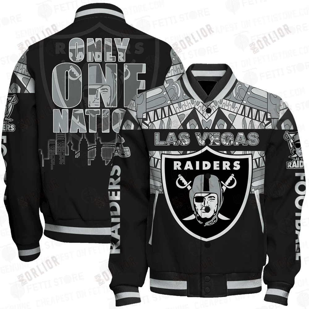 Las Vegas Raiders Only One Nation Print Varsity Jacket