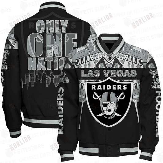 Las Vegas Raiders Only One Nation Print Varsity Jacket