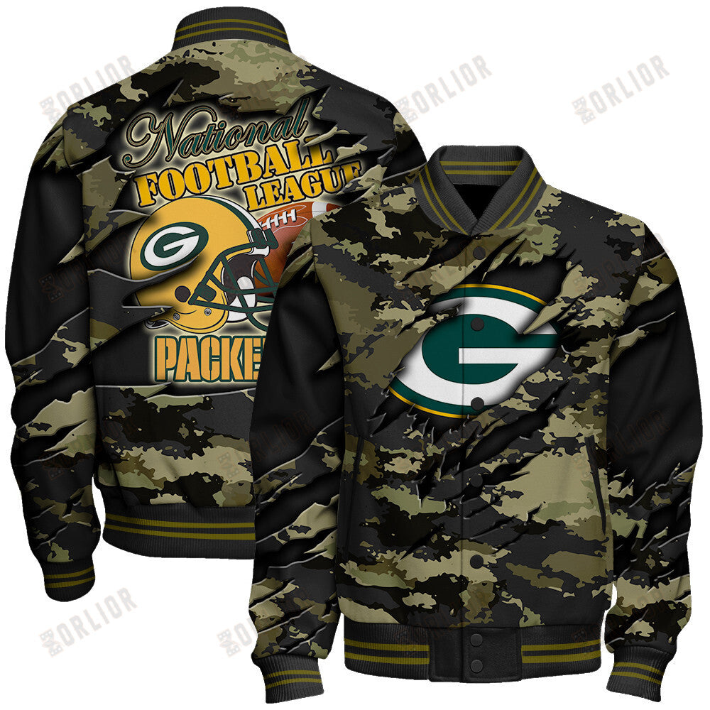 Green Bay Packers Black Camo Pattern National Football League Varsity Jacket
