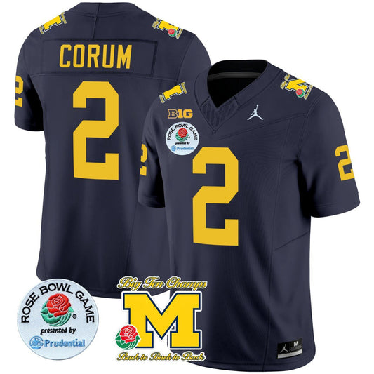 Blake Corum Michigan Wolverines Navy Rose Bowl Patch Jersey - All Stitched