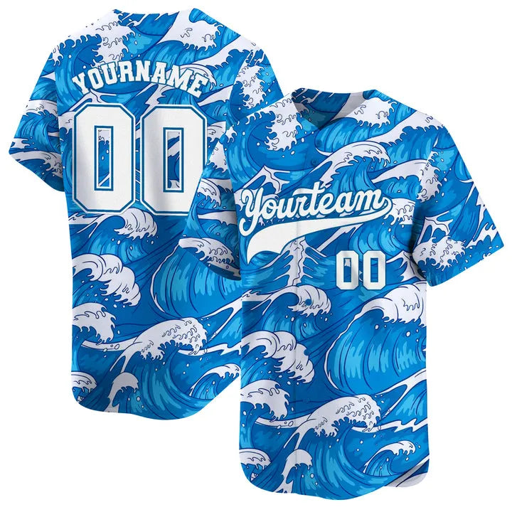 CUSTOM BLUE WHITE WAVES BASEBALL JERSEY - PRINTED